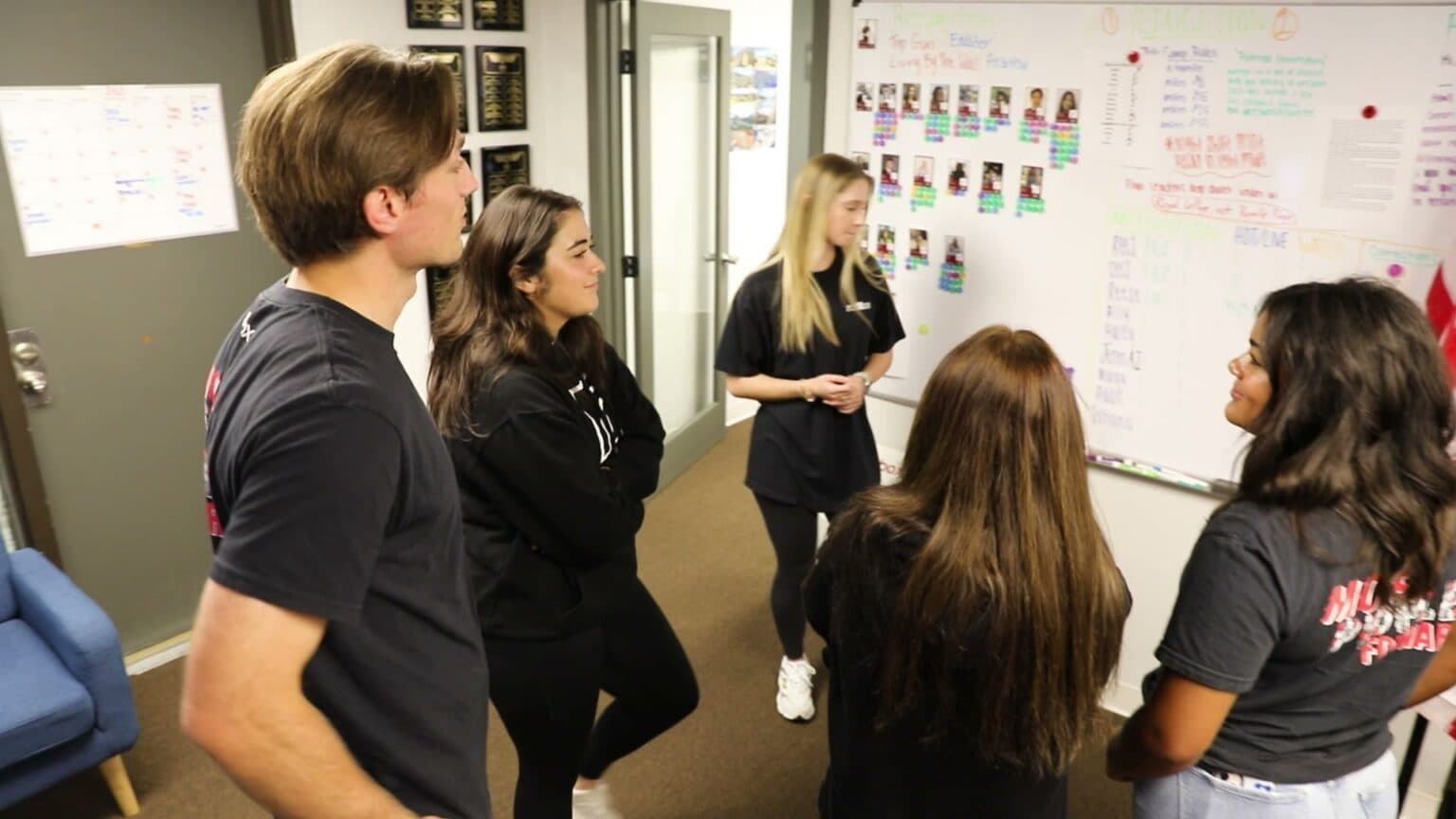 Rokrbox callers in a shift huddle at the team whiteboard